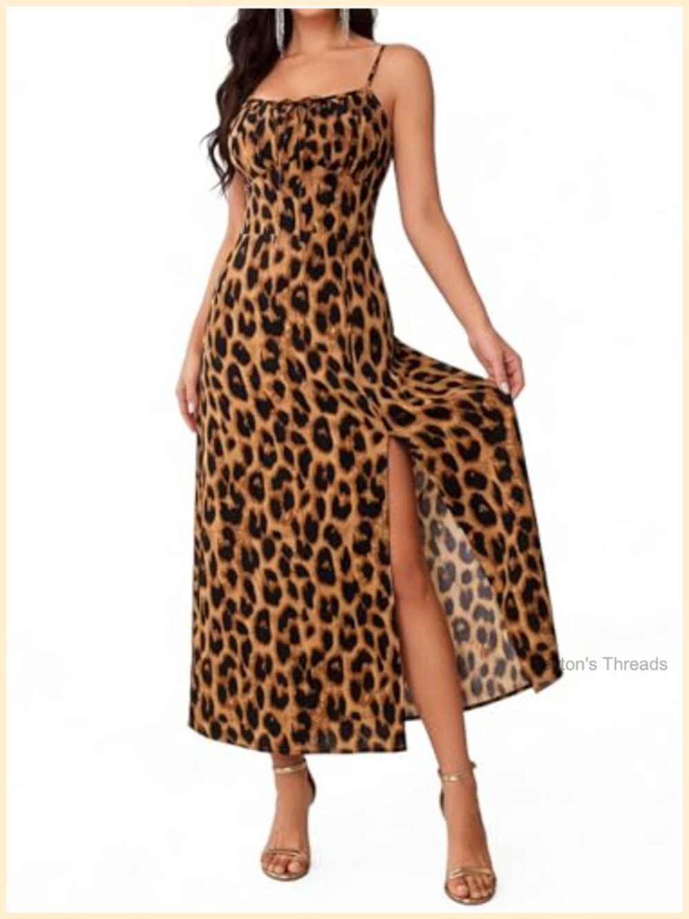 Leopard Print Sleeveless Midi Dress with Side Slit Spaghetti Straps